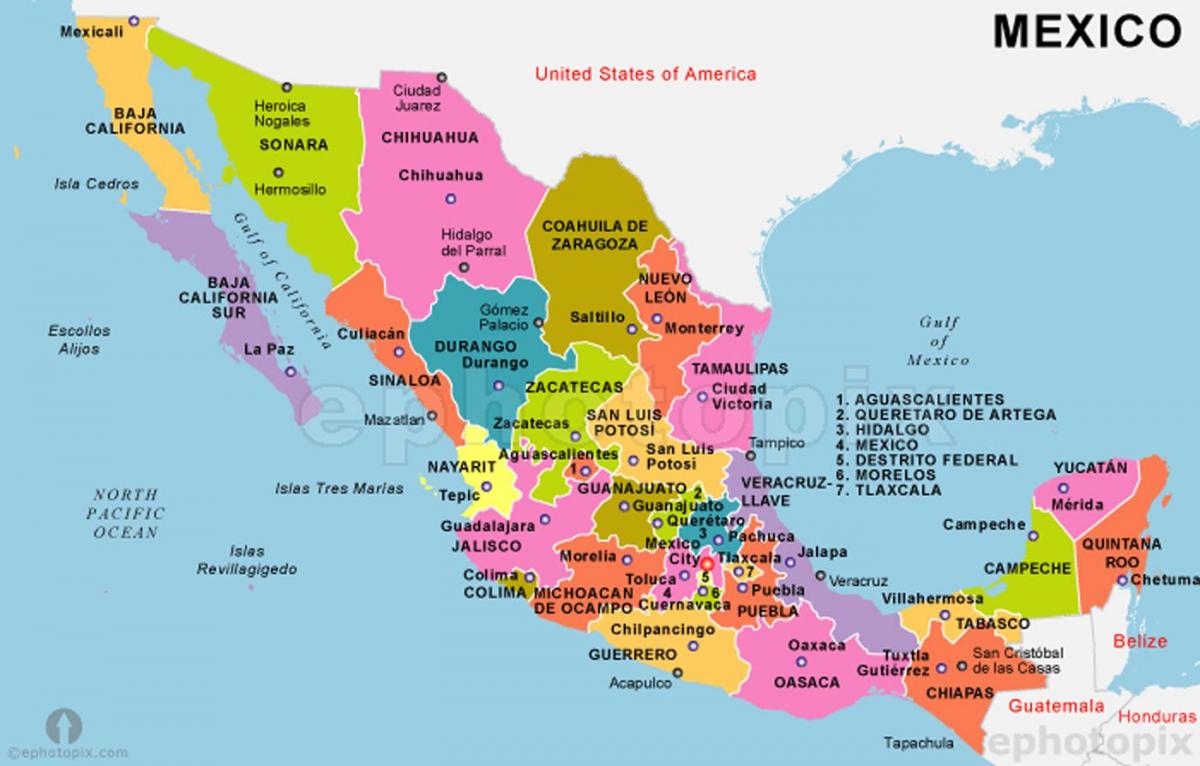 Meksyk mapa państw i stolic